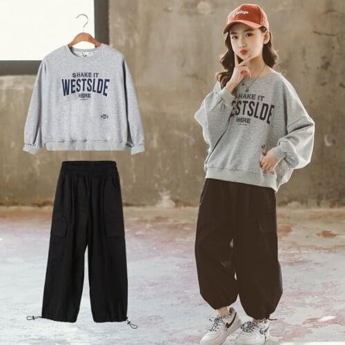 Girls Clothing Spring 2021 Two Piece Set Korean Loose Streetwear Long Seleeve Sweatshirts+ Casual Cargo Pants Suit Girls Outfits