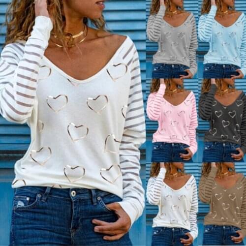 Heart Print Womens Casual T Shirt V Neck Loose Long Sleeve Top Summer Fashion Sexy Plus Size Clothing Top De Mujer
