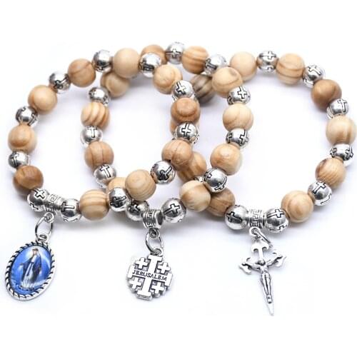 3 Styles Pine Wood Beads Cross Beads Virgin Christ Cross Bracelet Beaded Bracelet Religious Wear Crucifix Cross Kit Unisex