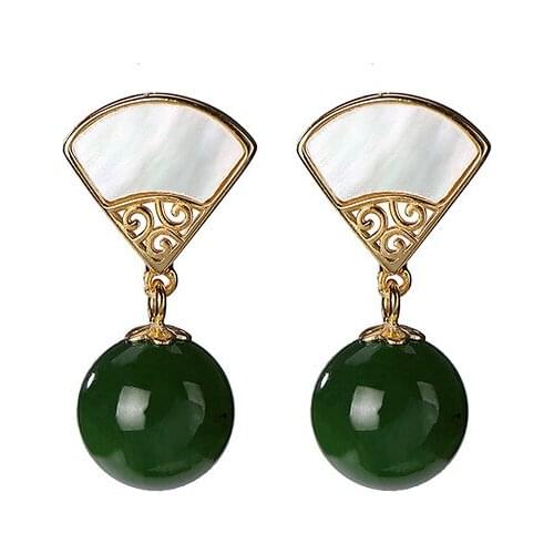 925 sterling silver gold plated Hetian Jasper Fritillary ear studs Retro personality Fan Earring pendant for ladies earrings