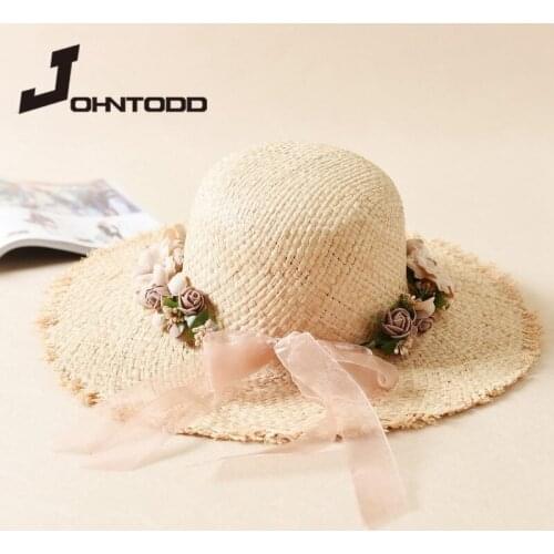 Summer ladies foldable raffia natural straw hat sun hat wide brim hat solid hat sun hat visors hat proxy wholesale wreath cap