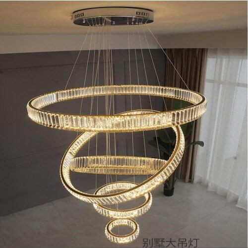 Modern Remote Control Dimmable Chandelier Villa Stairs Crystal Steel Led Pendant Chandelier Lighting Lustre Luxury Suspend Lamp