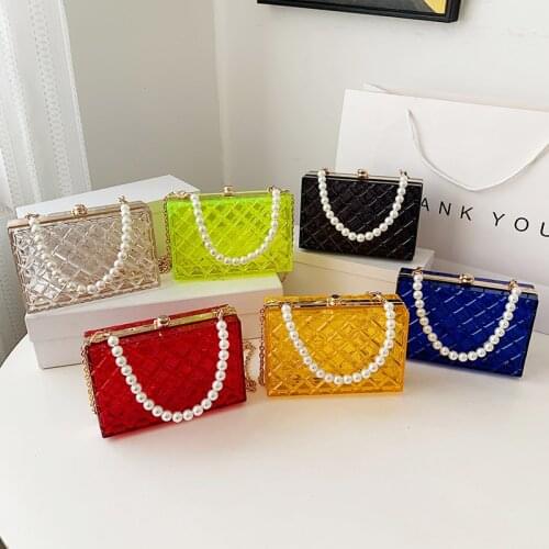 Hot trendy candy color acrylic lattice ladies shoulder hand bags women clutch evening chain bag box purse crossbody