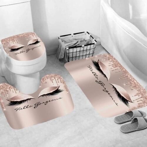 Eyelash 3D Print White Pink 3pcs Set Waterproof Shower Curtain with Hooks Polyester Non-Slip U Shape Mat Rug Toilet Cover Decors