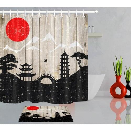 Chinese Ink Retro Wood Plank Shower Curtain Sun Tower Bridge Mountain Tree Bird Art Chinese Landscape Painting Bathroom Curtains