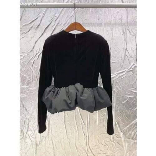 Fashion Runway Autumn Velvet Blouses Womens O-Neck Long Sleeve Patchwork Vintage Slim Ruffles Black Ladies Hot Sale Shirt