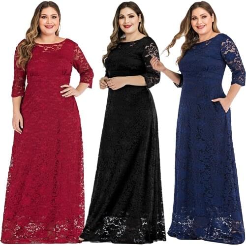 Formal Women Long Maxi Dress Lace 3/4 Sleeve Round Neck Party Prom Gown Summer Fashion Pockets Fit Flare Dress Vintage Vestidos