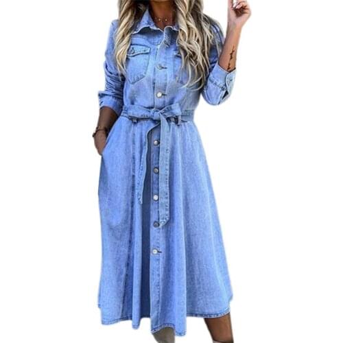 Single-Breasted High Waist Denim Dress Shrink-resistant Lapel Belt Long Sleeve Women Midi Dress Streetwear Womens Clothing 2021