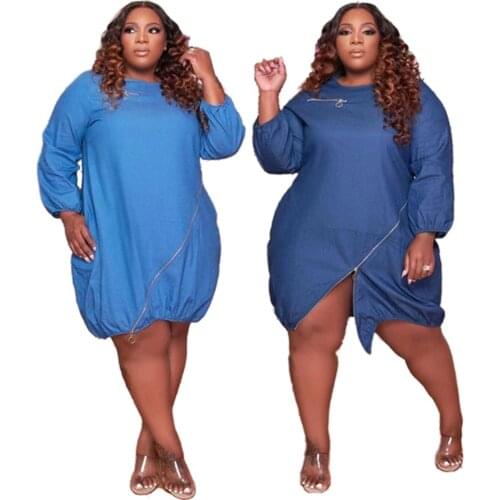 Plus Size 5XL Dresses for Women 2021 Wash Water Long Sleeve Zipper Denim Skirt Round Neck Loose Fashion Wholesale Dropshipping