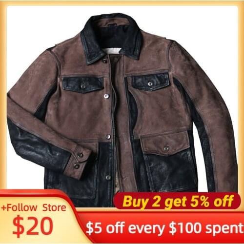 2021 Vintage Brown Genuine Leather Jacket Men Safari Style Plus Size 4XL Real Natural Cow Suede Autumn Slim Fit M65 Coat