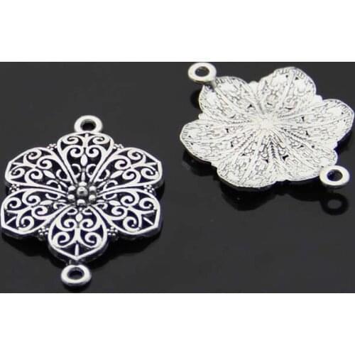 Free Shipping 10pcs/lot Antique Silver Planted Filigree 2 Holes Connection Flower Jewelry Embellishments Findings Size 41*29mm
