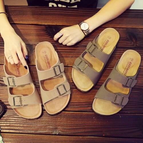 Fast Shipping Mens PU Leather Sandals Slippers High Quality Soft Cork Two Buckle Slides Footwear For Men