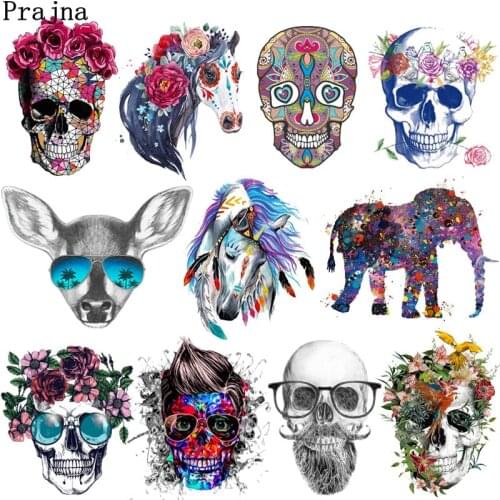 Colorful Punk Skull Thermal Stickers Elephant Patch Applique Heat Transfer Patches For Clothes Iron-On Transfer For Clothing
