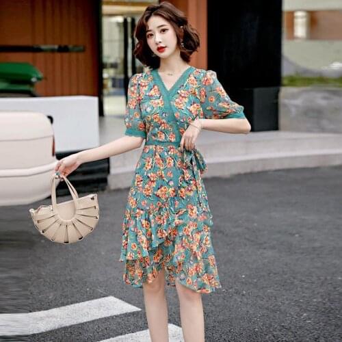 Summer Women Dress Vintage V-neck With Belt Lace Patchwork Print Improved Cheongsam Dress Party Robes De Cocktail 7640