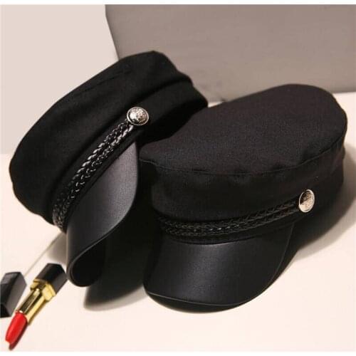 Fashion Unisex Wool Military Hat Spring Autumn Sailor Hats For Women Men Black Flat Top Captain Cap Travel Cadet Hat
