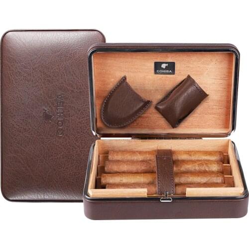 New Portable Cohiba Cigar Humidor Case Cedar Wood Leather Travel Humidor Humidifier Set Gift Box (Without lighter cutter)
