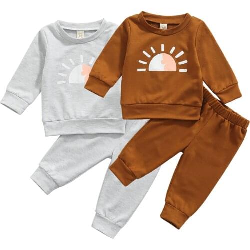 Infant Baby Girls Boys 2Pcs Fall Outfits, Cute Sun Print Long Sleeve Pullover Tops + Elastic Waist Pants Set Spring Autumn