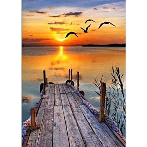 Landscape Sunset∕love Beach Printed Water-Soluble Canvas 11CT Cross-Stitch Embroidery Kit DMC Threads Painting work Magic
