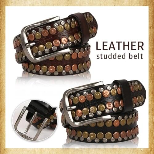 Men Genuine Leather Belt Punk Rock Gothic Studded Belt Women Personality Vintage Rivet Buckle Waistband