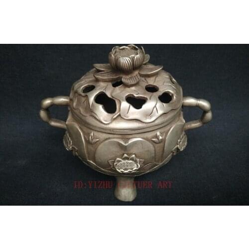 Collected China Old Copper Silver Carving Lotus Incense Burner Family Decoration