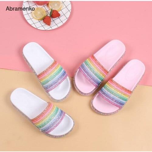 Rainbow Bling Slippers For Girls Summer Non-Slip Soft Beach Ladies Slides Flats Shoes Home Women Slipper Outdoor Footwear Sandal
