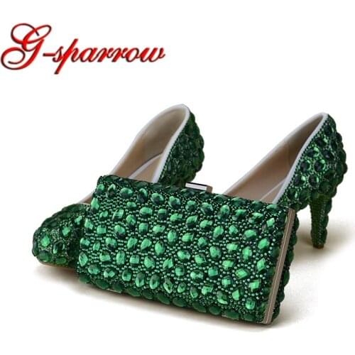 Green Rhinestone Handmade Wedding Shoes with Clutch Bag 3 Inches Thin Heel Performance Pumps Party Prom Shoes and Matching Bag