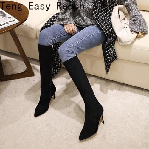 2021 Knee High Women Boots Winter Pointed Toe Pleated Flock Long Boots Thin HIgh Heel Fashion Ladies Shoes Size 34 35 36 37 39