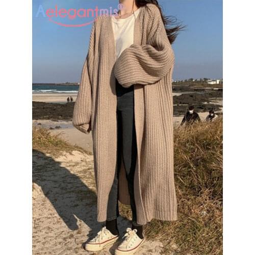 Aelegantmis Winter Fashion Loose Long Cardigan Sweater Women Vintage Lantern Sleeve Causal Sweater Coat Korean Oversized Clothes