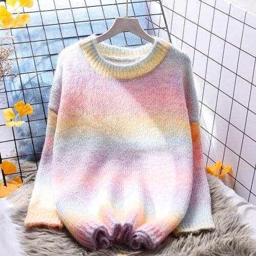 Rainbow Knitting Women Sweater Pullovers Winter New Flare Sleeved O-Neck Loose Lady Elegant Pulls Outwear Tops