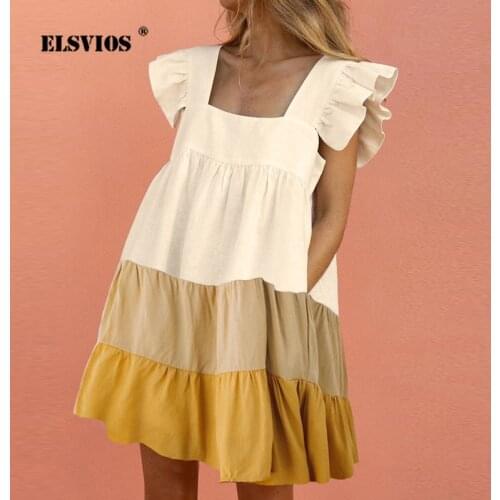 Women Butterfly Sleeve Patchwork Mini Dress Summer Elegant Square Collar Backless Party Dress Sexy Pocket Loose Casual Dresses