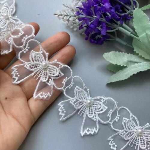 20X White Lace Trim Ribbon Pearl Vivid Lovely Double Layer Bowknot Embroidered Applique Fabric DIY Wedding Dress Sewing Supplie