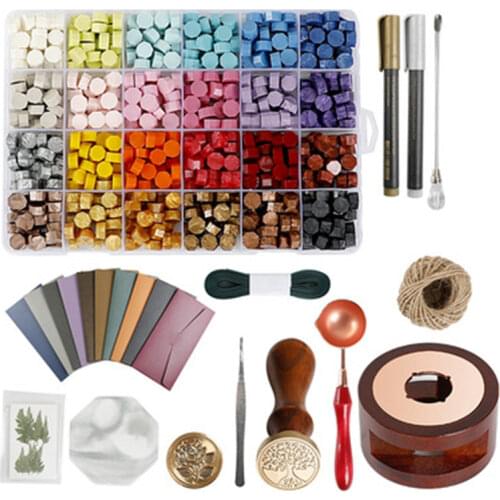 24Grids Stamp Wax Seal Box Set DIY Sealing Beads Stove Pad Kit Envelope Wedding Package Postcard Postage Journal Stamps Tools