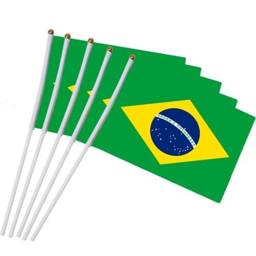 14x21cm 5pcs Brazils national flag hand waving flags with Plastic Flagpoles Activity parade Sports Home Decoration NC007
