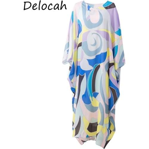 Delocah New 2021 Summer Women Fashion Runway Long Dress Batwing Sleeve Geometric Printed Loose Beach Holiday Dresses Vestidos
