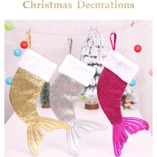Faroot Mermaid Tail Christmas Stockings, Sparkly Fireplace Hanging Stockings with Velvet Cuff for Holiday Decoration