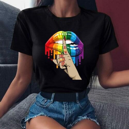 Colorful Lip Print Harajuku T-shirts for Women Summer Hip Hop Black T Shirt Tee Shirt Femme Streetwear Female T-shirt Top
