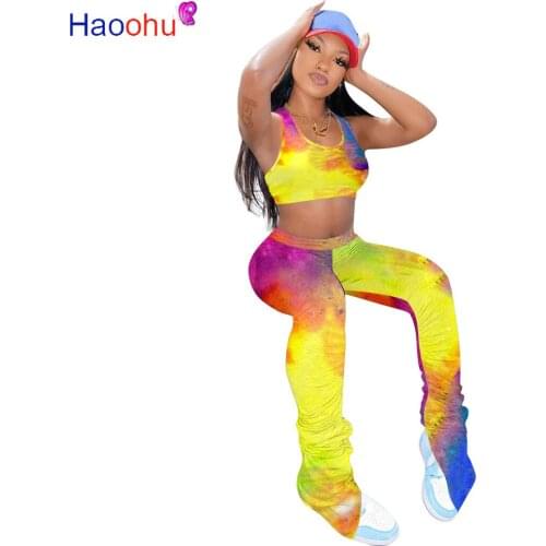 HAOOHU Women Tie Dye Galaxy Sport Stacked Pants Two Piece Set Tank Top Bell Bottom Flare Jogger Tracksuit Matching Set Outfit