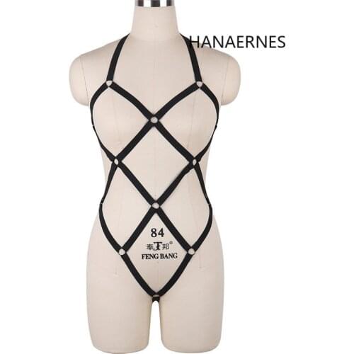 HANAERNES Black Elastic Erotic Lingerie Cage Bra Belt Ladies Valentines Day Erotic Harness Underwear Body Restraint Belt Set