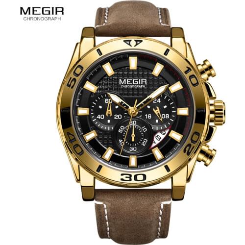 MEGIR Mens Army Sports Chronograph Quartz Watches Leather Strap Waterproof Luminous Wristwatch Man Relogios Clock 2094 Gold