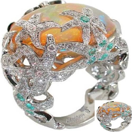 Fashion Orange Fire Opal Starfish Ring Size 6-10 For Women Bridal Wedding Party Band Gift Jewelly Rings