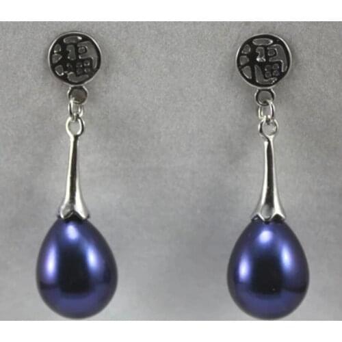 Fashion style metallic silver plated lucky word water drop deep blue shell pearl earrings size;12x16MM