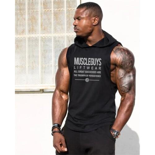 Muscleguys 2021 Summer Brand Mens Letters Print Gyms Stringer Vest Bodybuilding Clothing Fitness Sleeveless Hooded Tank Tops Men