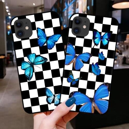 Soft TPU Black Silicone Rubber phone case cover for iPhone 7 8 plus X Xs 11 Pro Max XR 6 6S SE 2020 Blue Butterfly Checks Coque