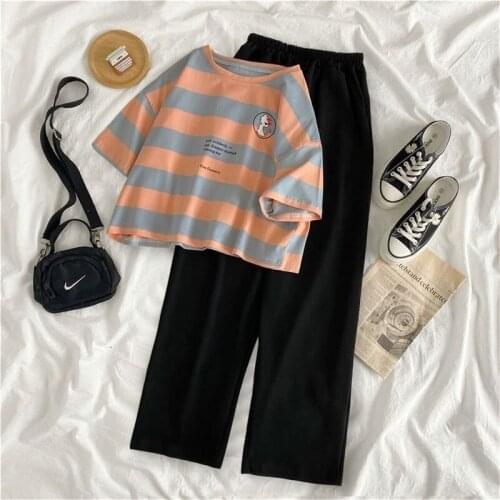 Single/Suit Summer Korean-Style Loose Striped Short-Sleeved T-shirt Womens Wide-Leg Pants Casual Fashion Two-Piece Set