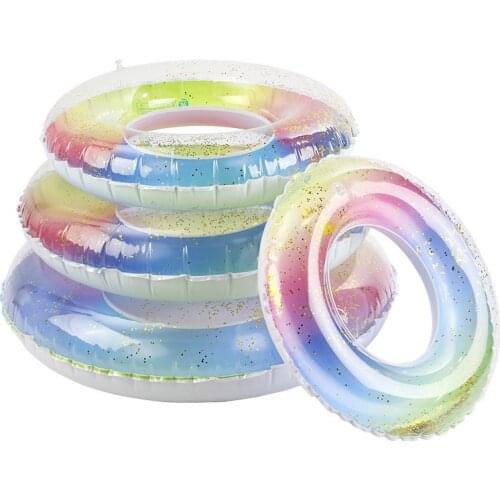 Swimming Ring Sequined Rainbow Gradient Inflatable Pool Floats Summer Translucent Water Circle Beach Adults Kids