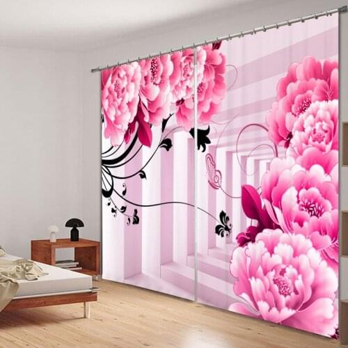 Girl Bedroom Luxury Blackout 3D Window Curtains Living Room Drapes Cortinas Rideaux Customized size Pink flower print pillowcase