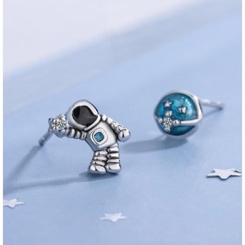 KOFSAC 925 Sterling Silver Stud Earrings Girls Jewelry Cute Blue Planet Astronaut Small Earring Women Birthday Gifts Daily Wear