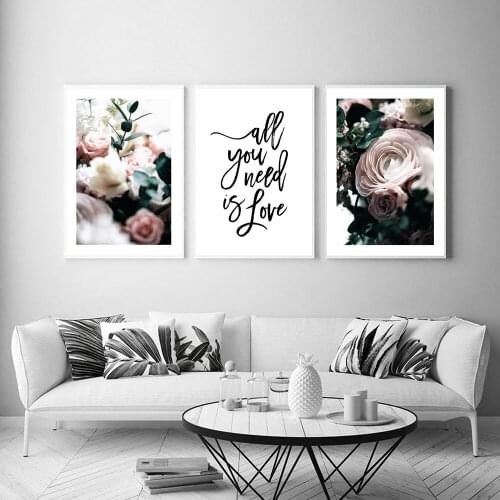 Scandinavian Peony Flower Canvas Wall Art Posters and Prints Quote Poster All you need is Love Wall Pictures for Living Room