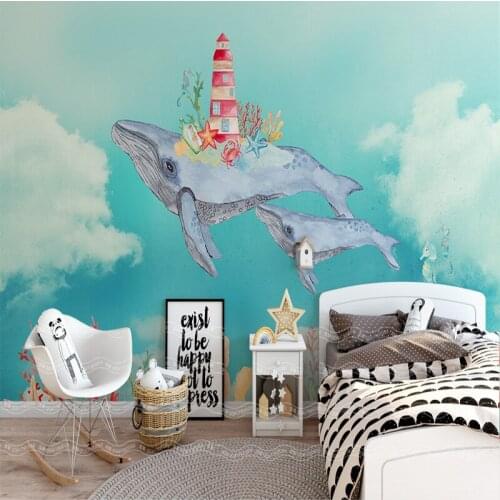 Custom modern home decor painting wallpaper nordic creative watercolor sea whale background wallpaper childrens room wall mural
