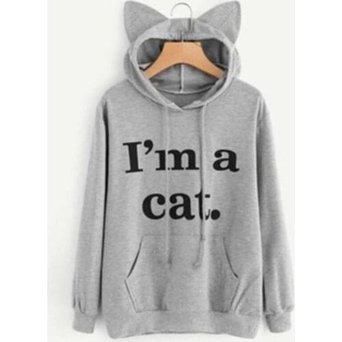 Letter Printing Drawstring Sweatshirt With Cat Ear Long Sleeve Front Pocket Autumn Women Harajuku Hoodies Moletom Ey